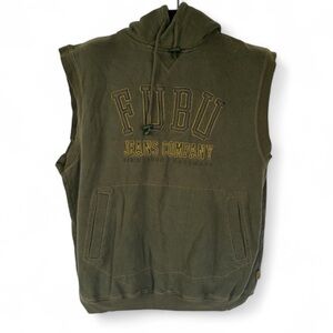 FUBU Vintage Olive Green Sleeveless Hoodie Y2K Streetwear Mens
